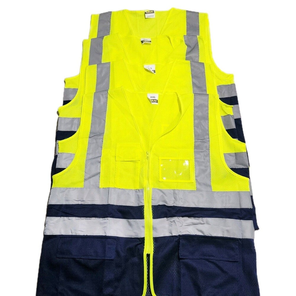LOT OF 4 Likai Mesh High Vis Safety Vest Work Yellow Navy 3 Pockets XL NWOT